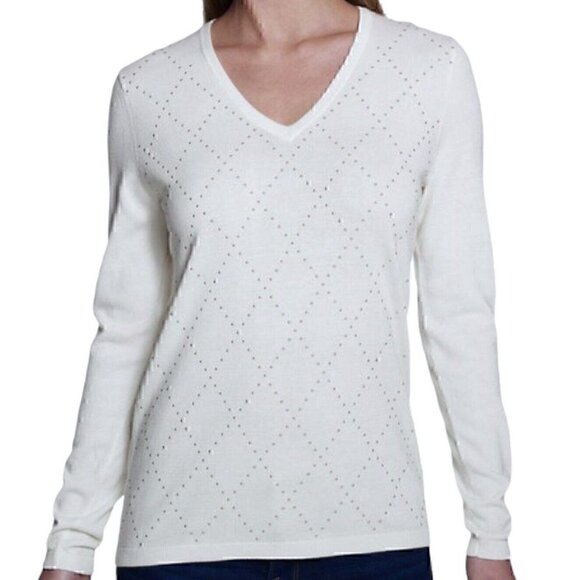 Tommy Hilfiger Gold Studded Argyle White Sweater Logo V-neck Women’s S ACADEMIA - Picture 3 of 12